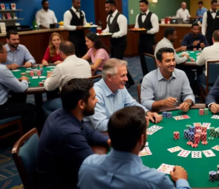 Guests enjoying a social card room atmosphere with poker tables and restaurant-style service