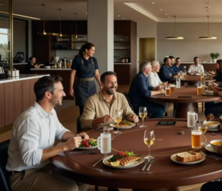 Server delivering food and drinks from the restaurant to guests seated at poker tables in the card room