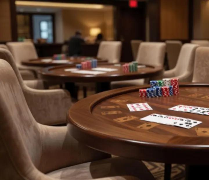 Dedicated poker tables in the Dealtand Hearth card room with chip stacks and chairs arranged for in-person poker