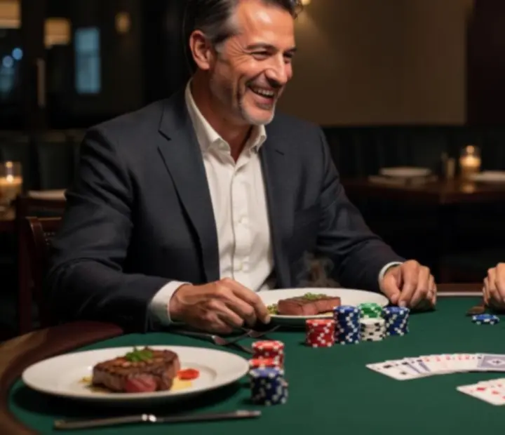 Stacked poker chips, cards, and shared plates on a poker table at Dealtand Hearth