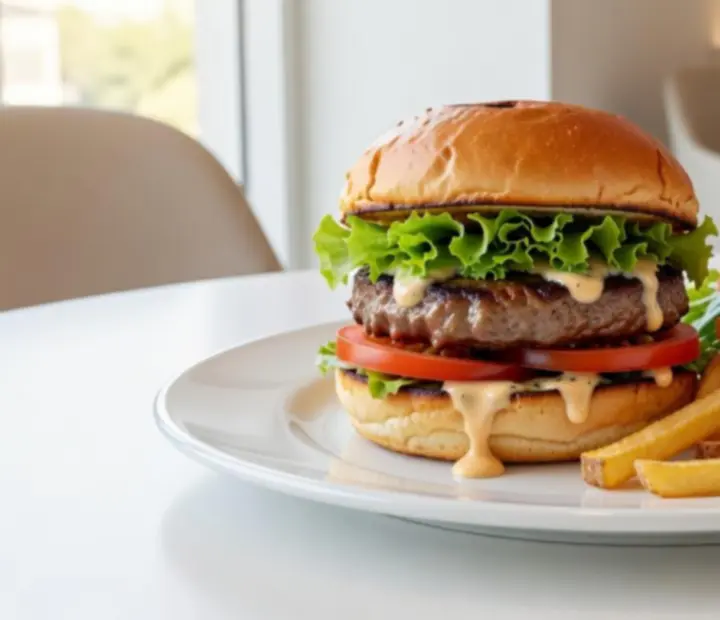 Gourmet burger on a plate in a modern restaurant setting