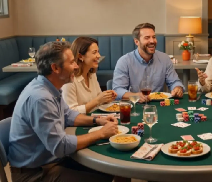 Group of guests enjoying dinner near poker tables at an Australian card room.