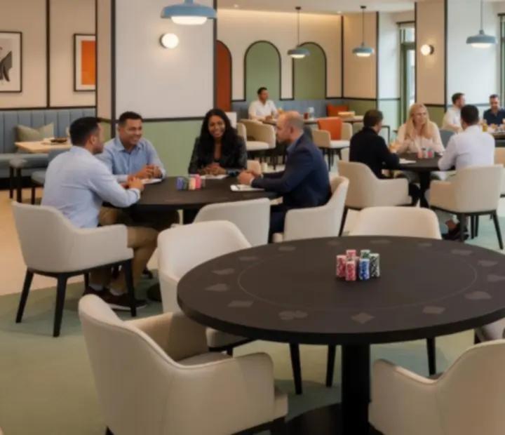 Restaurant and offline poker card room with poker tables and dining seating at Dealtand Hearth