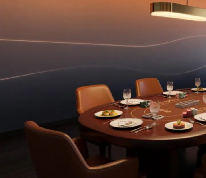 Premium dining setup beside poker tables at Dealtand Hearth for a High Roller Experience