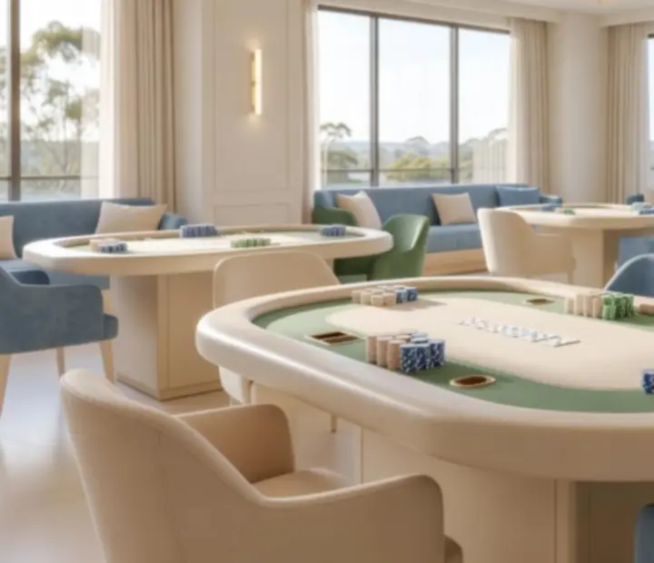 Overview of the Dealtand Hearth card room with poker tables, chairs, and a bright restaurant-inspired layout