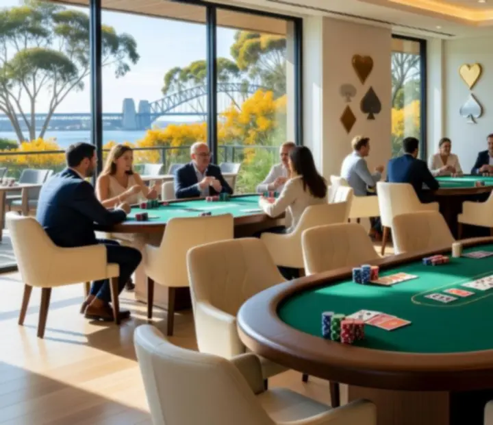 Offline poker card room at Dealtand Hearth with players gathered around professional poker tables