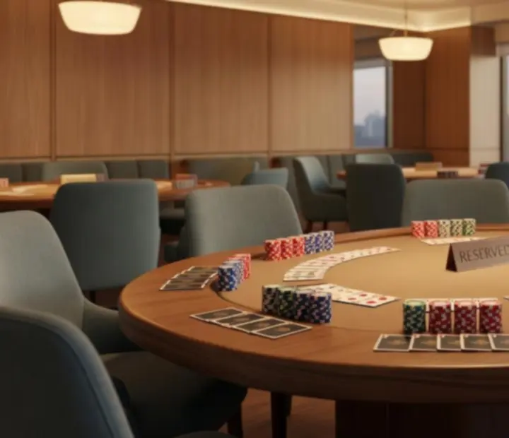 Poker tables prepared in the card room, ready for offline poker sessions and bookings