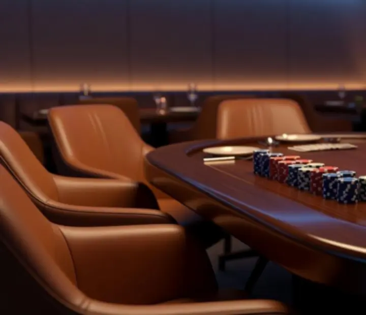 Professional poker tables at Dealtand Hearth with neatly stacked poker chips and cards