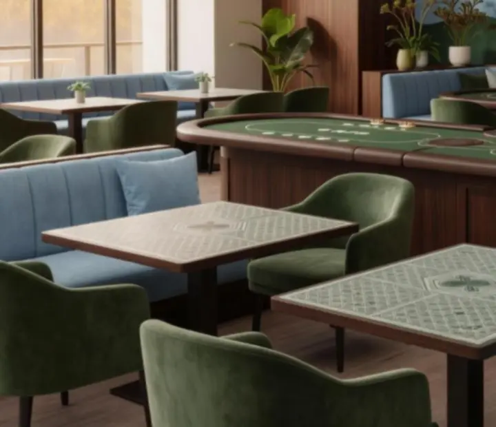 Warm Australian restaurant interior with card-inspired details and comfortable seating