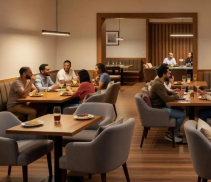 Bright, modern restaurant seating area suitable for groups and casual dining