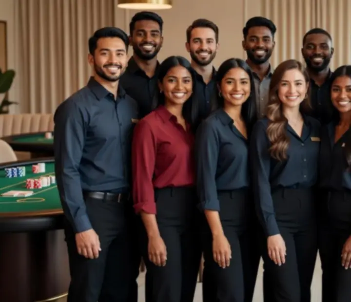 Friendly Australian hospitality team welcoming guests to the poker restaurant and card room.