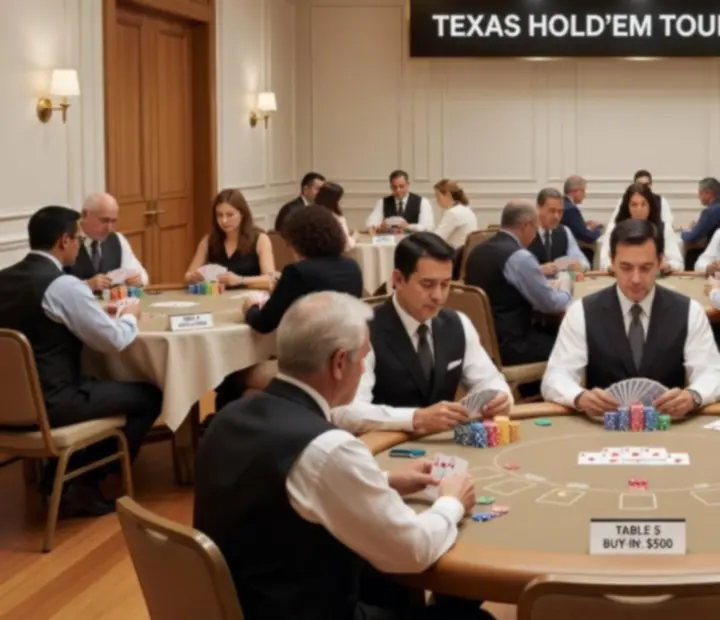 Tournament tables arranged for a Texas Hold'em event in the card room