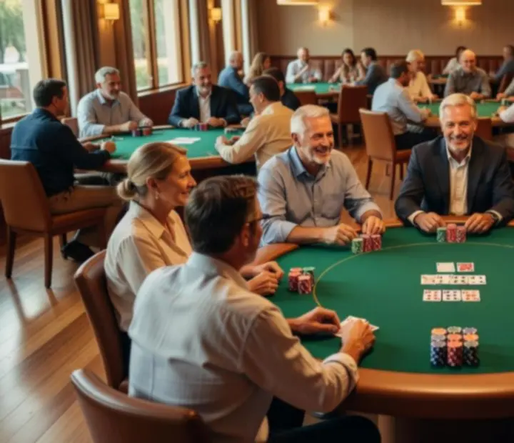 Poker table prepared for an offline Texas Hold'em tournament at Dealtand Hearth